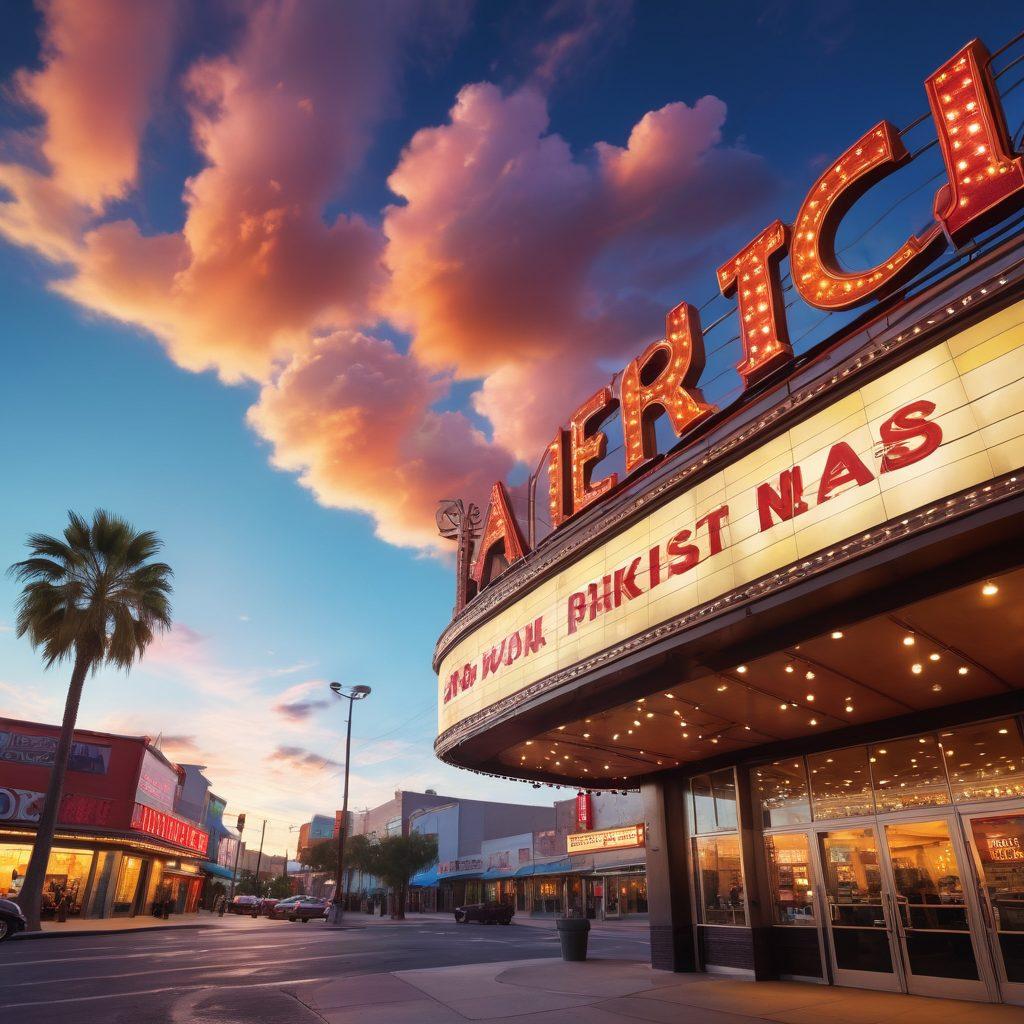 A whimsical cinema scene with a large vintage film reel spilling out colorful film strips depicting joyful moments from various films, including laughter, friendship, and adventure. In the background, a classic movie theater marquee lights up, featuring the title 'Hidden Gems'. Sunny skies and playful clouds to enhance the joyful atmosphere. super-realistic. vibrant colors. 3D.