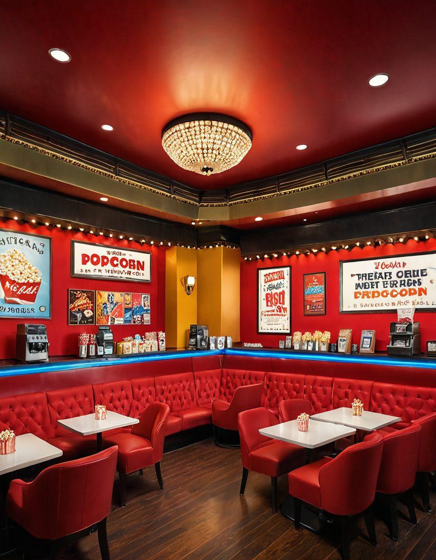An inviting movie theater lobby with a large popcorn machine, colorful posters of classic comedies on the walls, plush red velvet seats, and a sparkling marquee sign that reads 'Cinema Happiness.' Include a diverse group of joyful moviegoers laughing and enjoying their snacks. Create a warm, cheerful atmosphere with bright, vibrant colors. digital painting. vibrant colors. 3D.