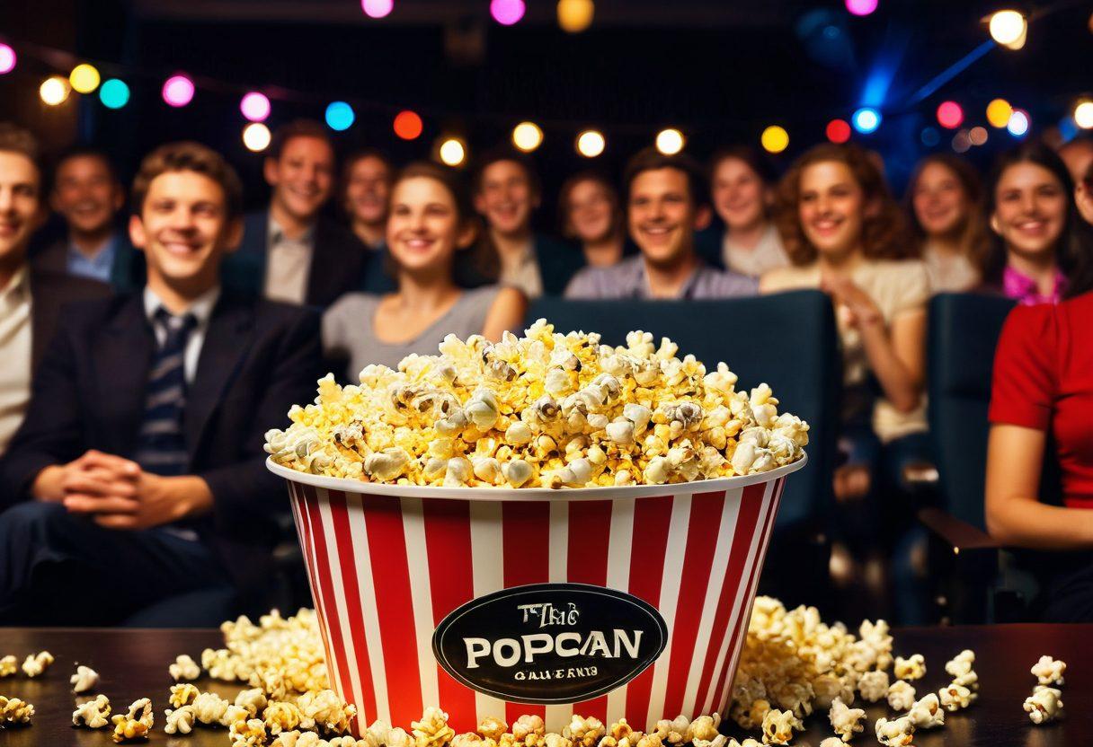 A vibrant cinema scene filled with smiling people enjoying a colorful film screening under twinkling fairy lights. Show an overflowing popcorn bucket and joyful expressions on faces, with a classic film reel and movie clapper in the foreground. Bright and cheerful colors evoke a sense of joy and festivity. super-realistic. vibrant colors. cinematic style.